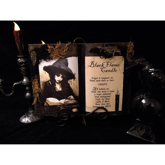 BLACK FLAME CANDLE Spell Book Halloween Spooky Witch Decor - Picture 1 of 6